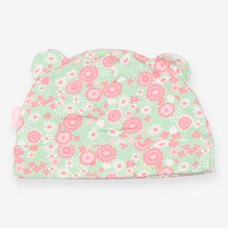 Baby Hat green with pink flowers and ears