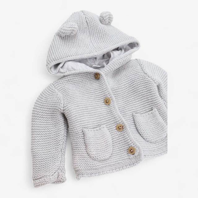 Grey Knit Hood Cardigan with Pockets