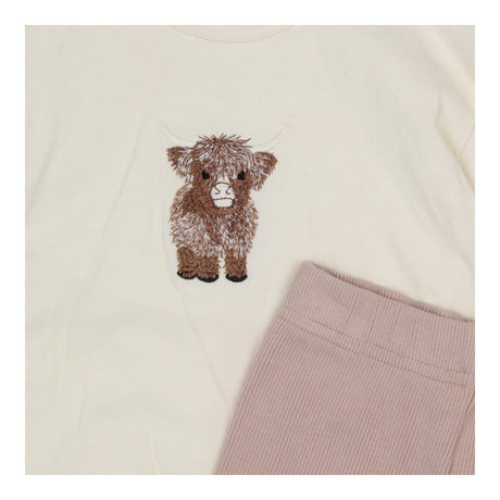 Ada Baby Top and Bottom Highland Cow Cream and Lig