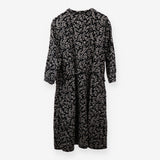 Black Leaf Print Cord Midi Dress Tie Waist Lined