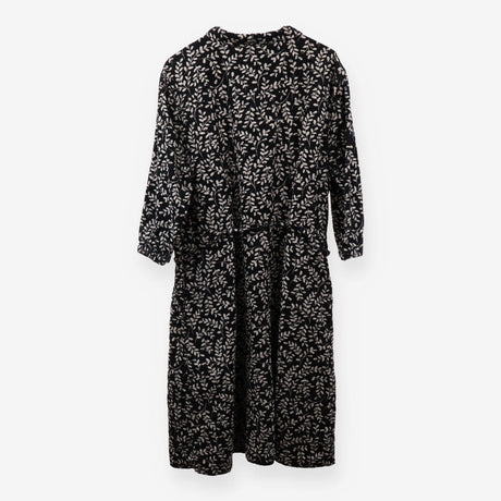 Black Leaf Print Cord Midi Dress Tie Waist Lined