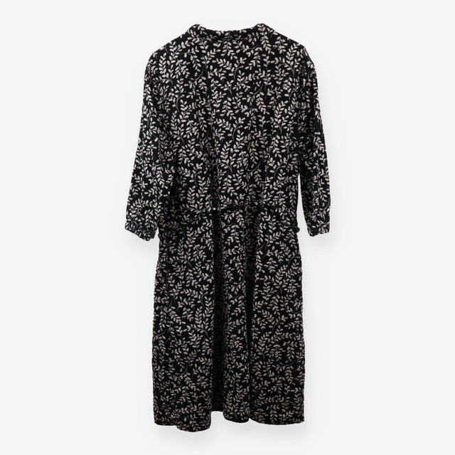 Black Leaf Print Cord Midi Dress Tie Waist Lined