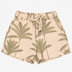 Shorts Cream Olive Palm Print Drawstring Waist