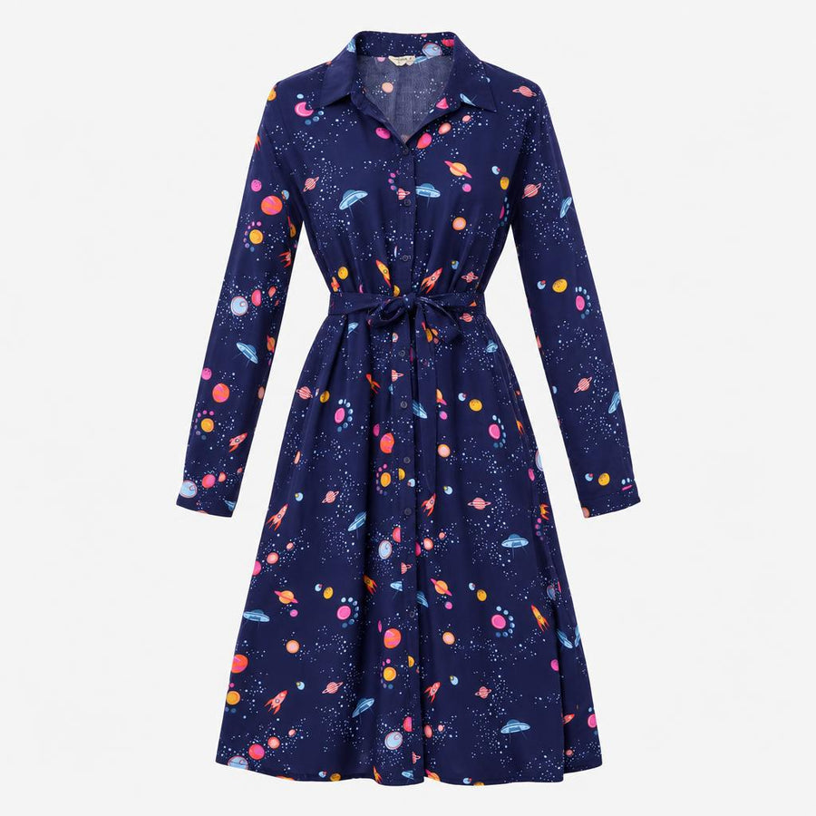 Shirt Dress Navy Solar System Space Print Long Sle
