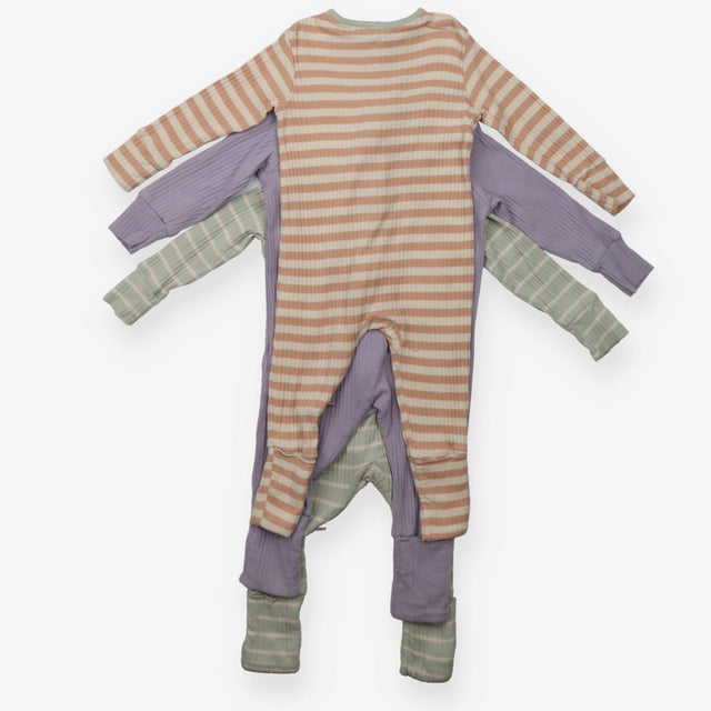 Sleepsuits 3pc ribbed striped purple green orange
