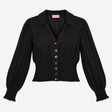 Blouse Black Button Front Shirred Waist Long Sleev