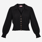 Blouse Black Button Front Shirred Waist Long Sleev