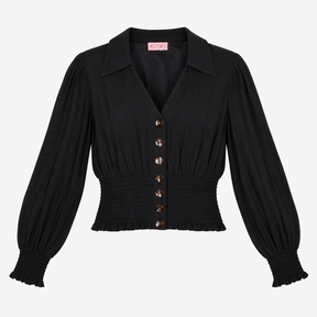 Blouse Black Button Front Shirred Waist Long Sleev
