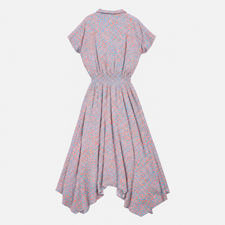 Midi Dress Blue Coral Print Shirred Waist