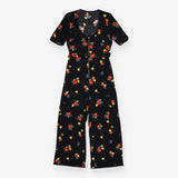 Black Floral Jumpsuit – Gold Zip Short Sleeve