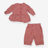 Outfit red check smocked LS top trousers