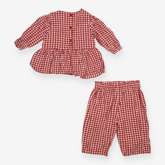 Outfit red check smocked LS top trousers
