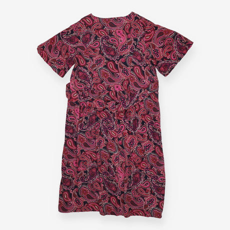 Pink & Black Paisley Dress | V-Neck Belted Midi