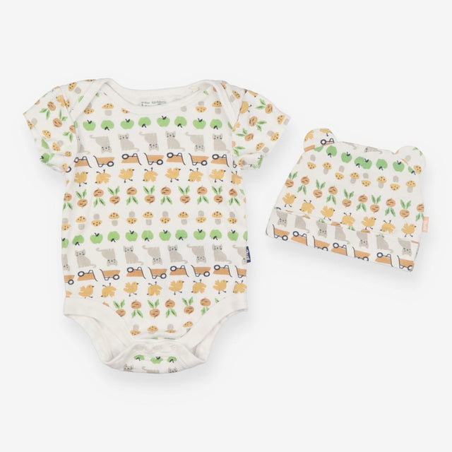 White Cats & Birds Bodysuit + Hat