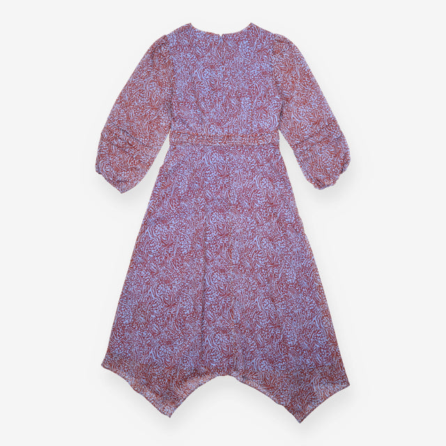 Midi Dress Pale Blue Rust Abstract Print Belted