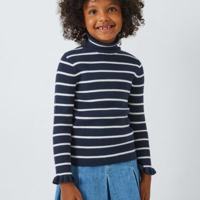 Kids' Stripe Ruffle Cuff Roll Neck Top, Navy