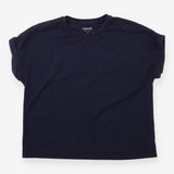 T-Shirt Navy Blue Turn Up Cuff Sleeve Crew Neck Pl
