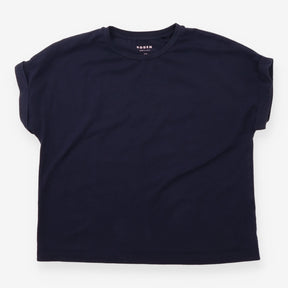 T-Shirt Navy Blue Turn Up Cuff Sleeve Crew Neck Pl