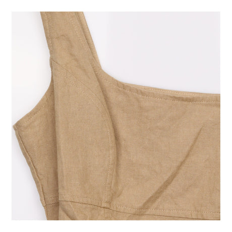 Dress Camel Brown Linen Square Neck Ruched Sleevel
