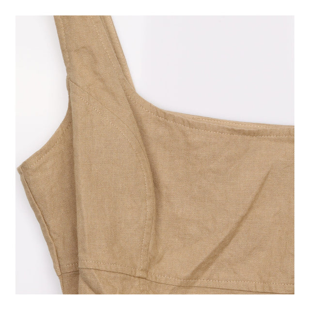 Dress Camel Brown Linen Square Neck Ruched Sleevel