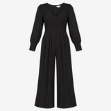 Wide Leg Jumpsuit Black Silk Blend Sheer Sleeve