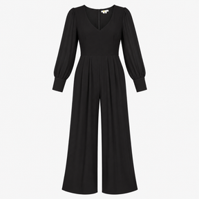 Wide Leg Jumpsuit Black Silk Blend Sheer Sleeve