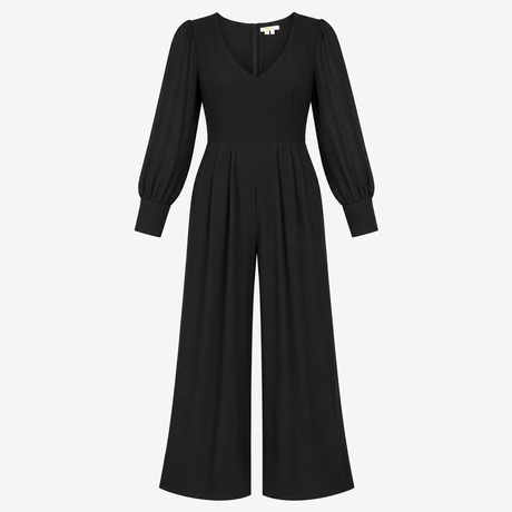 Wide Leg Jumpsuit Black Silk Blend Sheer Sleeve
