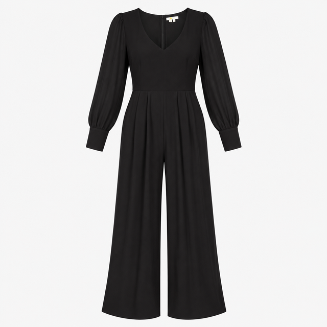 Wide Leg Jumpsuit Black Silk Blend Sheer Sleeve