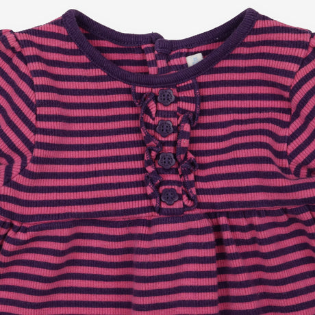 Dress Purple and Pink Stripe with Ruffle Buttoned 