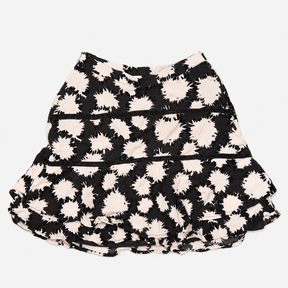 Mini Skirt Black Cream Abstract Print Ruffle Hem