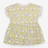 Dress Short Sleeve Cream and Green Flower Applique