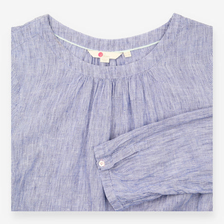 Blue White Striped 100% Linen Belted 3/4 Sleeve Sh