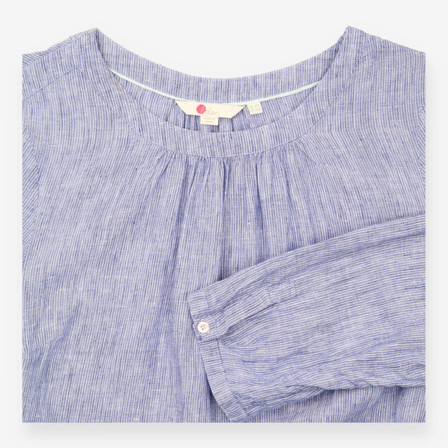 Blue White Striped 100% Linen Belted 3/4 Sleeve Sh