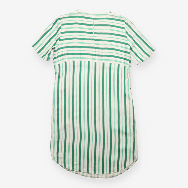 Green White Striped Viscose Linen Short Sleeve Dre