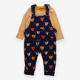 Outfit yellow stripe tee navy cow face dungarees