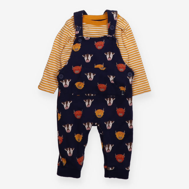 Outfit yellow stripe tee navy cow face dungarees