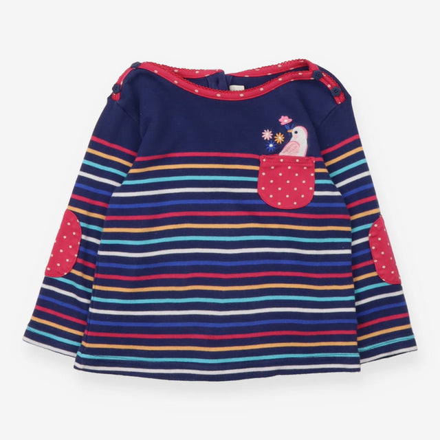 T-Shirt Long Sleeved Multi Striped with Bird Pocke