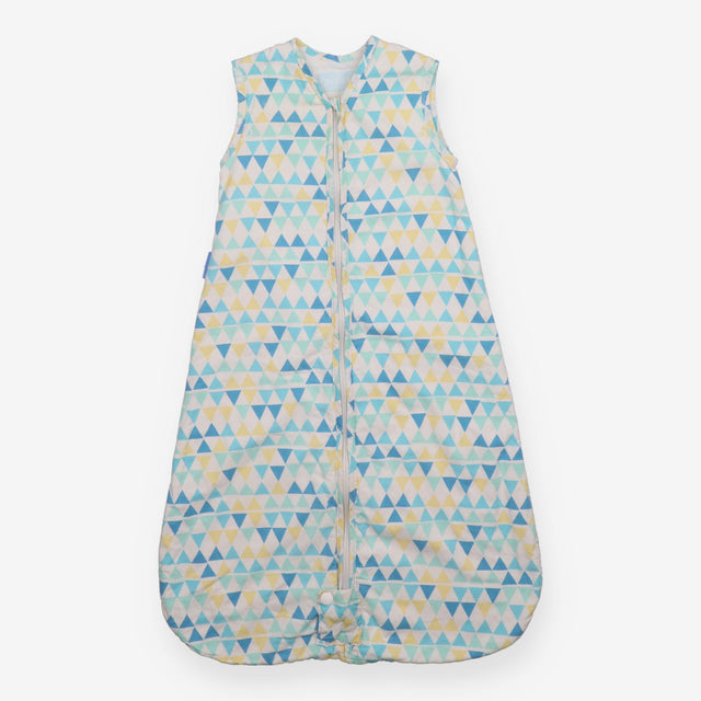 Sleeping bag white yellow green blue triangles