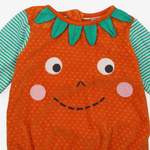 Pumpkin Romper with Striped Arms with hat and slip