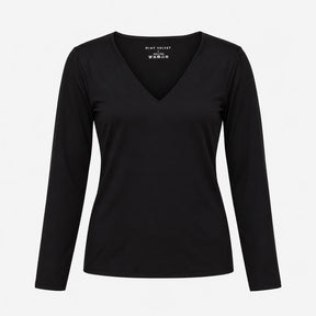 Top Long Sleeve Deep V Neck Ribbed Knit Black