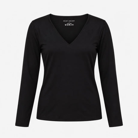 Top Long Sleeve Deep V Neck Ribbed Knit Black