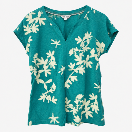 T-Shirt Teal Green Cream Floral Print Notch Neck S