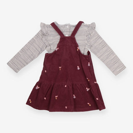 Outfit purple cord pinafore cream stripe LS tee