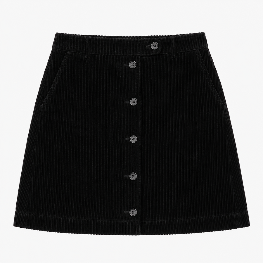 Cotton Corduroy Button Front Mini Skirt Black