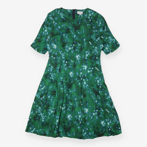 Midi Dress Green Blue Abstract Floral Pleated Skir
