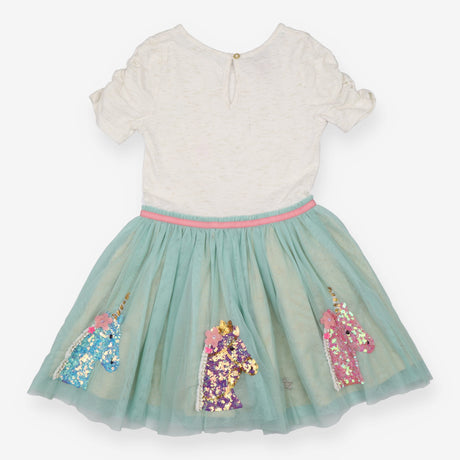 Dress jersey SS cream top green net sequin unicorn