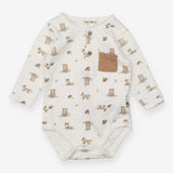 Bodysuit LS white woodland animals brown pocket