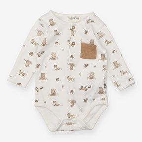 Bodysuit LS white woodland animals brown pocket