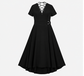 Karen Millen Black Lace Up V-Neck Midi Dress Belte