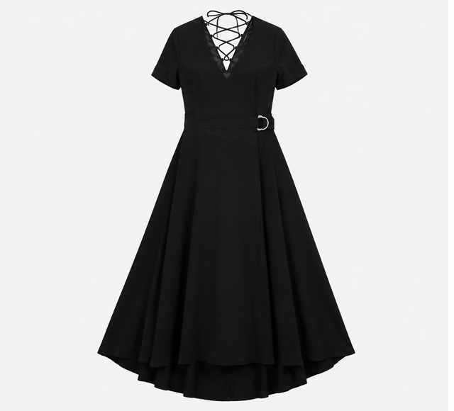 Karen Millen Black Lace Up V-Neck Midi Dress Belte